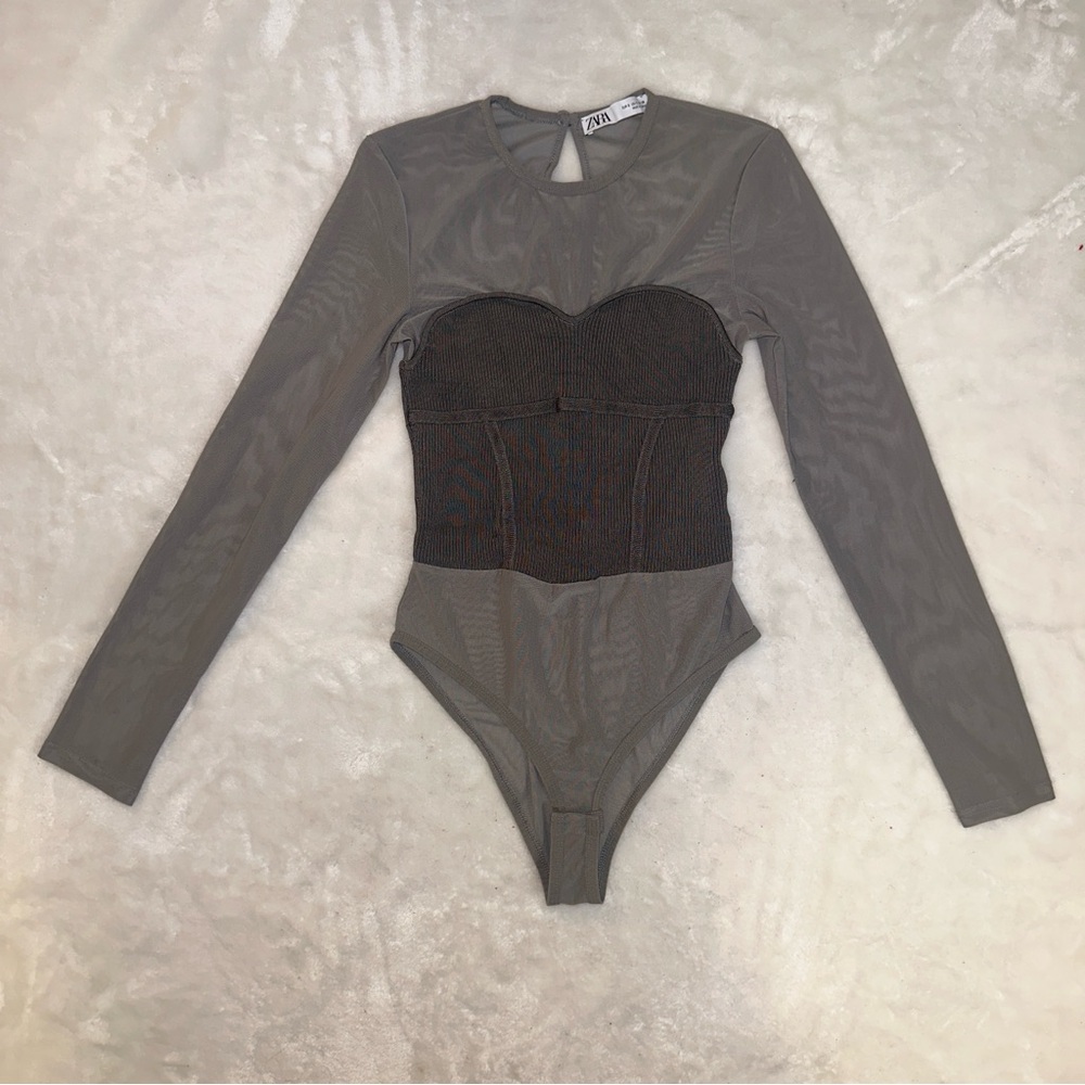 Zara Sage Green Sheer Mesh Ribbed Knit Bodysuit Size Small